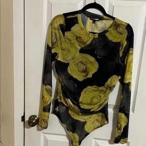 Fashion Nova Black and Yellow Floral Mesh Long-Sleeve Bodysuit